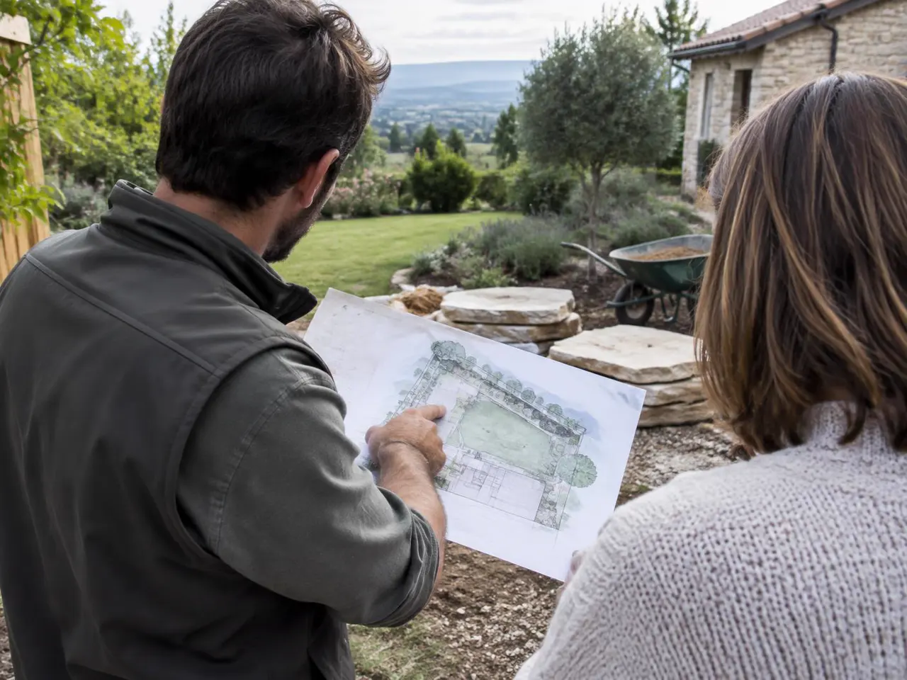 Illustration d’un échange autour d’un plan de jardin